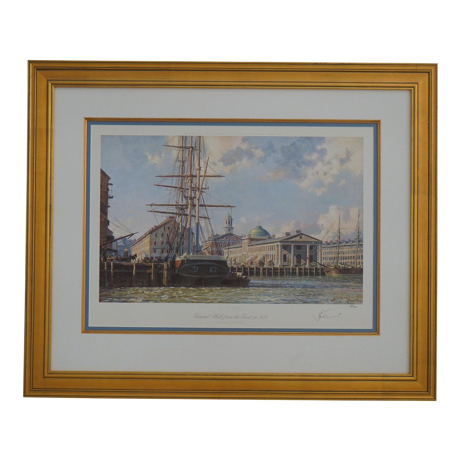 Artist Signed Boston Harbor Tall Ship Lithograph in Gold Frame: Artist Signed Boston Harbor Tall Ship Lithograph in Gold Frame This exquisite framed lithograph titled 'Maritime Heritage Boston Harbor Tall Ship' is a stunning piece of art that captures the beauty o