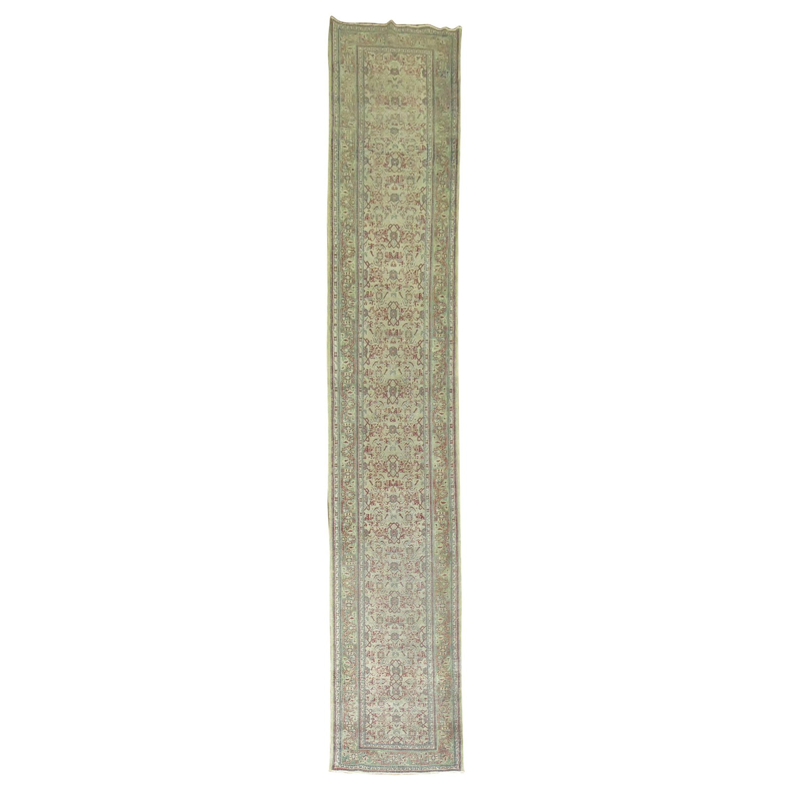 Vintage 1920 Turkish Sivas Gray Wool Runner 30 x 184 in: Vintage 1920 Turkish Sivas Gray Wool Runner 30 x 184 in Discover this exquisite Turkish runner from the early 20th century, featuring a sophisticated gray field complemented by a green border and vibr
