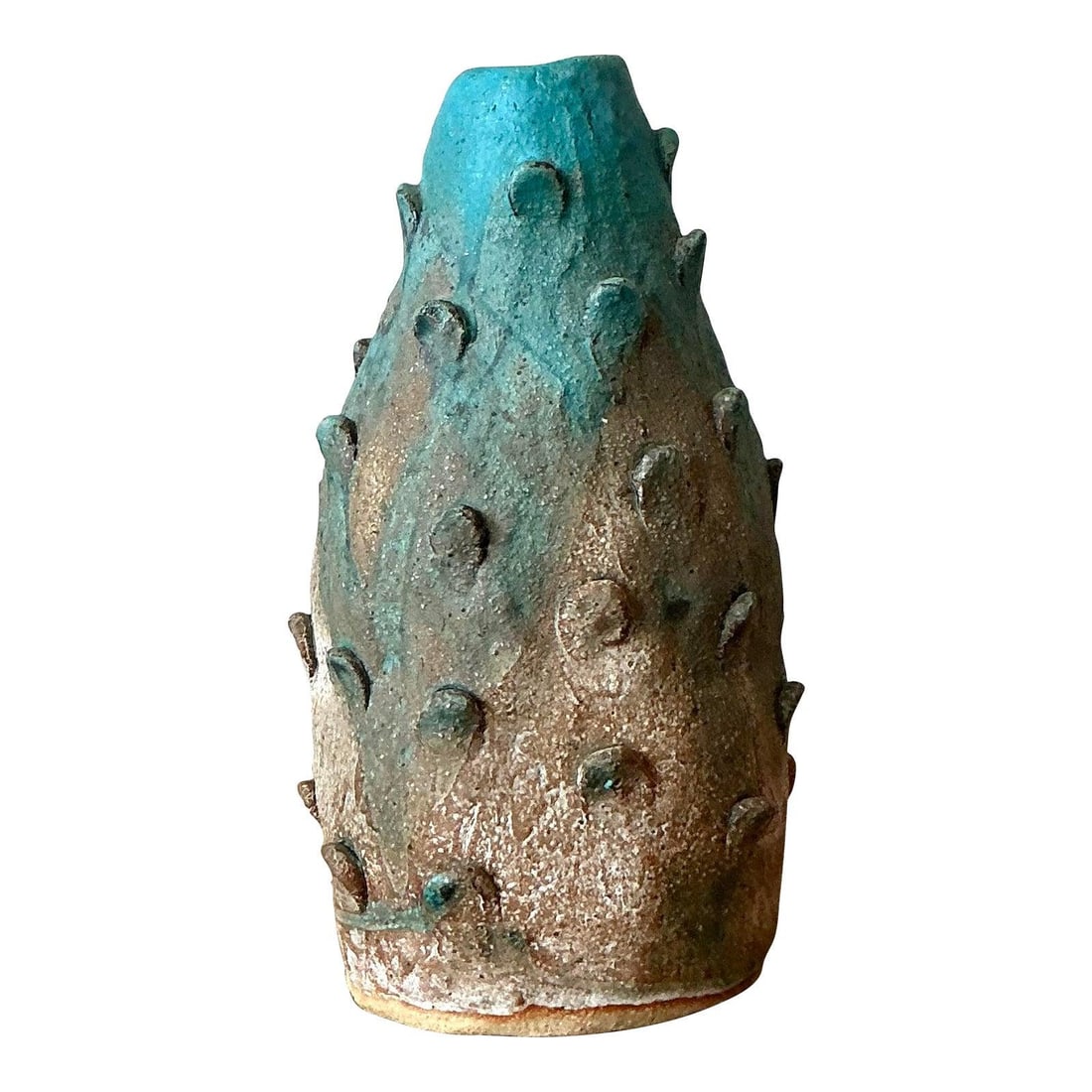 Prickly Pear Cactus Motif Ceramic Vase With Textured Boho Artisanal Design: Prickly Pear Cactus Motif Ceramic Vase With Textured Boho Artisanal Design This vintage studio pottery vase is artistically crafted to resemble a prickly pear cactus, featuring a heavily textured surf