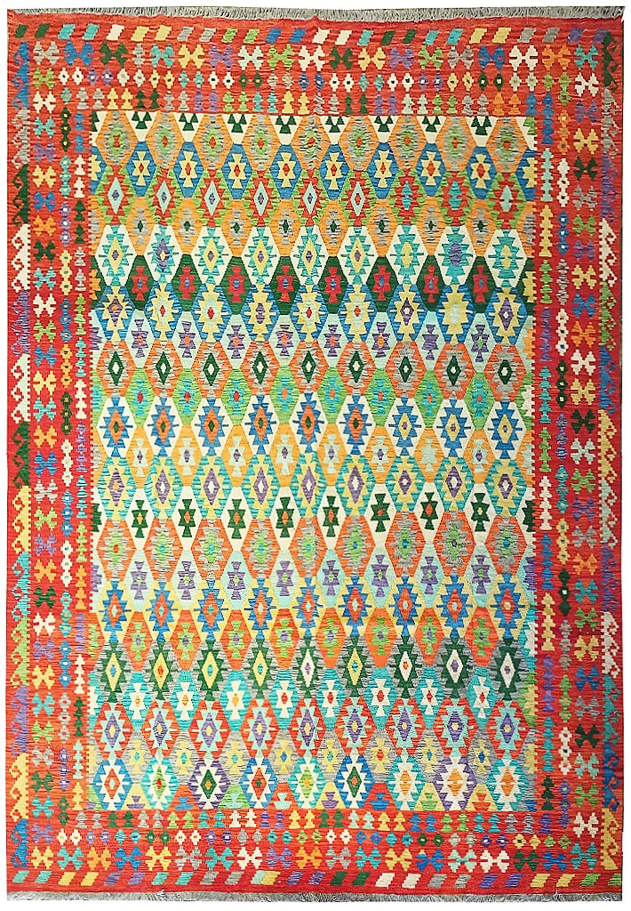 10' x 13' Handmade Double-Sided Kilim Wool Area Rug in Vibrant Colors: 10' x 13' Handmade Double-Sided Kilim Wool Area Rug in Vibrant Colors Free continental US Shipping Add a touch of timeless elegance and vibrant charm to your living space with this exquisite 10' x 13'