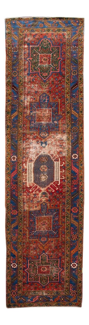Antique Red Heriz Handmade Wool Runner 3'7 x 14'2: Antique Red Heriz Handmade Wool Runner 3'7 x 14'2 Discover the elegance of this Antique Heriz hand-knotted wool runner, featuring a captivating red and blue field adorned with intricate brown and pink