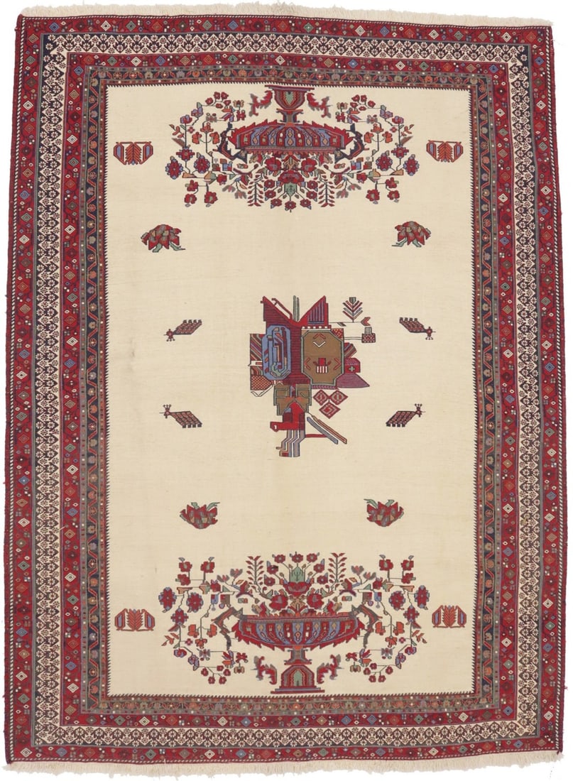 Handwoven Wool Area Rug 4'6 x 6'1 Floral Tribal Pattern Flatweave: Handwoven Wool Area Rug 4'6 x 6'1 Floral Tribal Pattern Flatweave This Sumak pictorial floral tribal style area rug features a hand-woven flat-weave design crafted from wool. Showcasing a modern flora