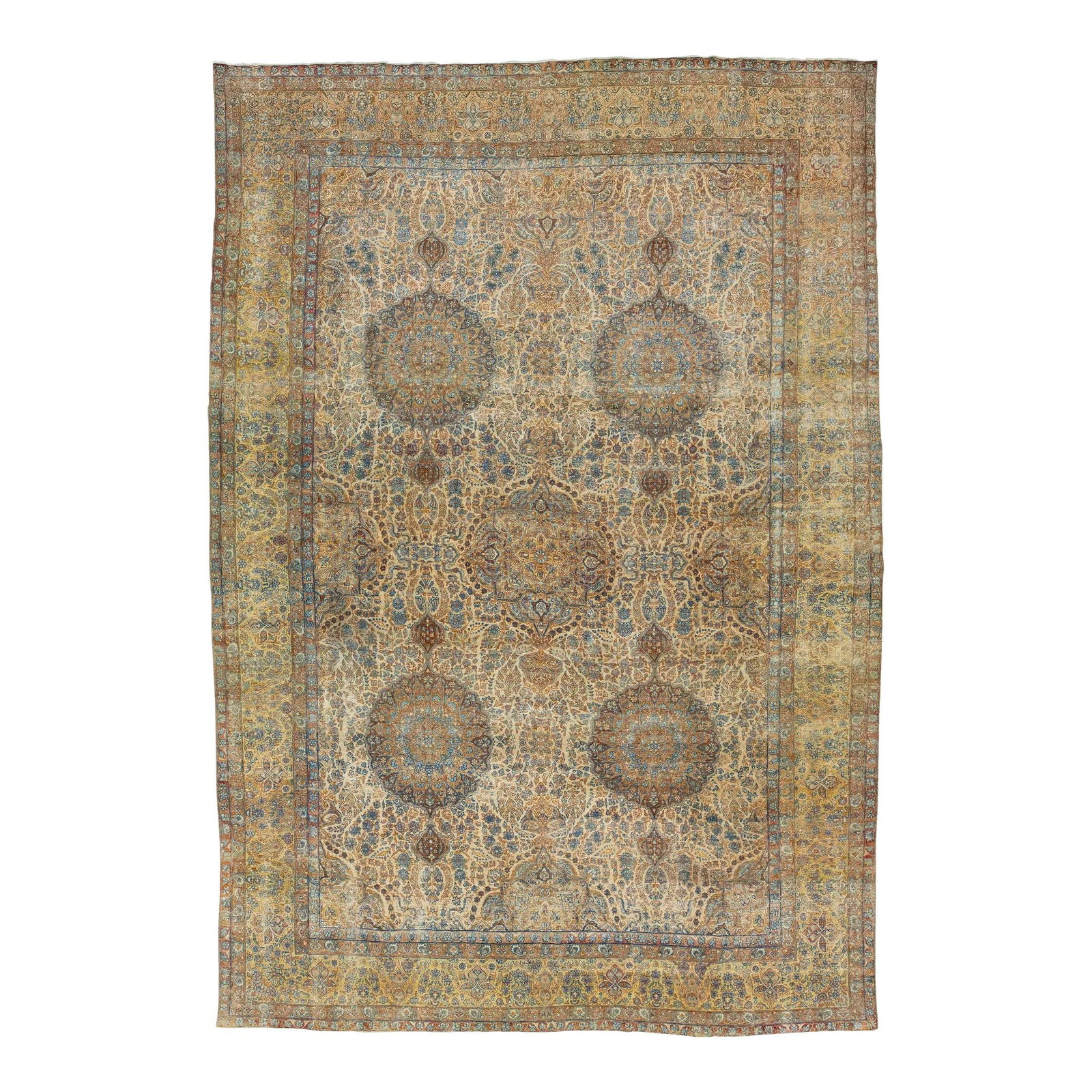 Antique Kerman Persian Wool Rug 10'5 x 15 Multicolor Rosette Design: Antique Kerman Persian Wool Rug 10'5 x 15 Multicolor Rosette Design Discover the beauty of this exquisite 1910s Antique Kerman Persian Wool Rug, a testament to traditional Persian craftsmanship. This 