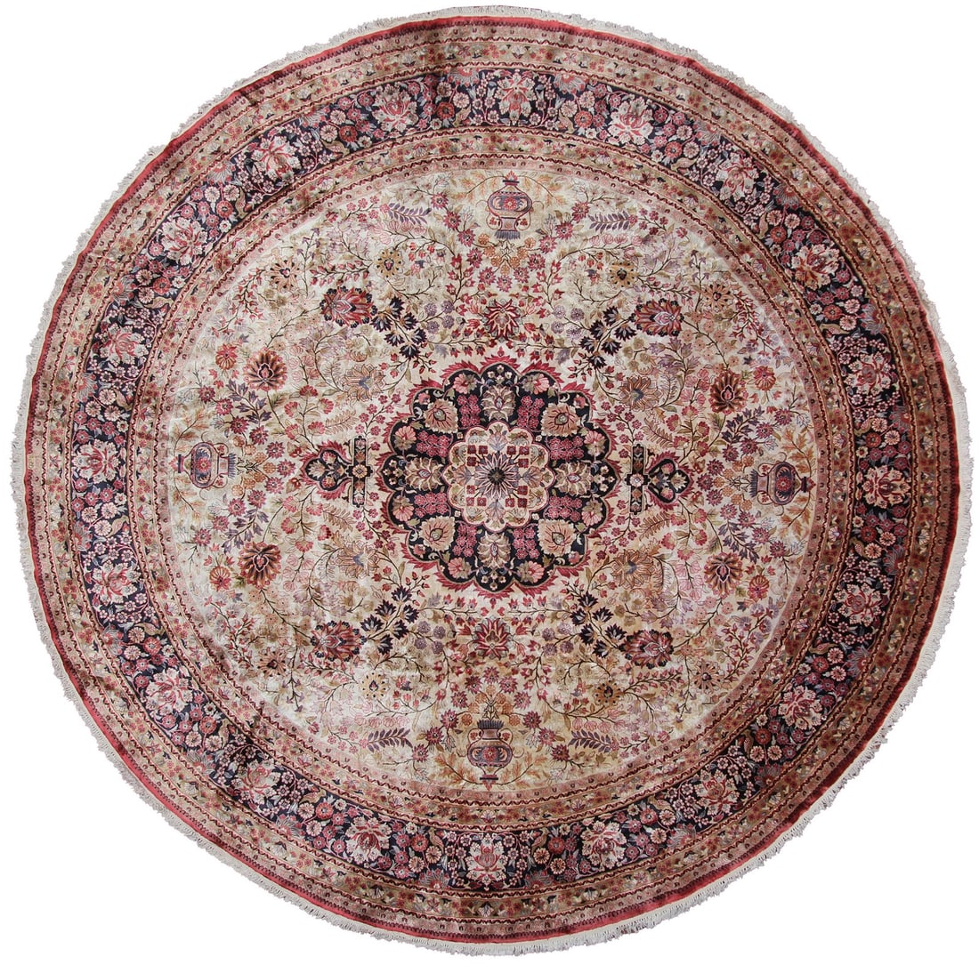 Hand Knotted Beige Silk Round Rug 10 ft x 10 ft Floral Medallion (1 of 11)