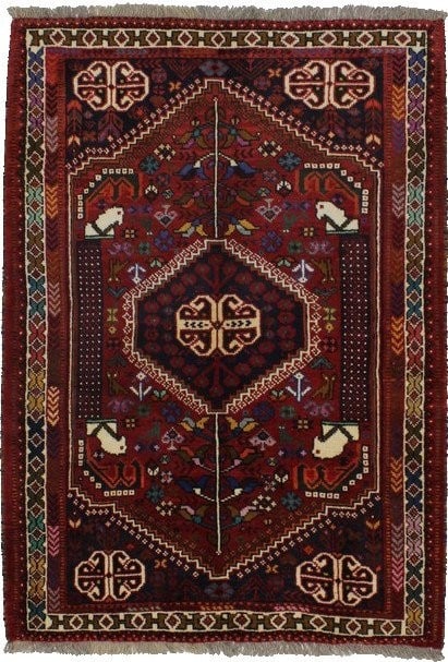 Tribal Wool Area Rug with Equestrian Motif 3'7 x 5'1 Handmade: Tribal Wool Area Rug with Equestrian Motif 3'7 x 5'1 Handmade This handmade vintage oriental rug features a striking tribal equestrian design with a blend of red, ivory, navy blue, royal blue, pink, b