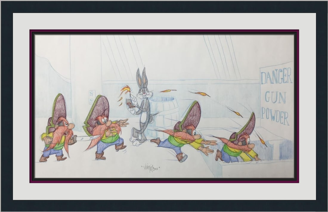 Framed Original Virgil Ross Signed Model Sheet Drawing Featuring Bugs Bunny and Yosemite Sam: Framed Original Virgil Ross Signed Model Sheet Drawing Featuring Bugs Bunny and Yosemite Sam This is an original model sheet drawing by the renowned animator Virgil Ross, featuring Bugs Bunny and Yose