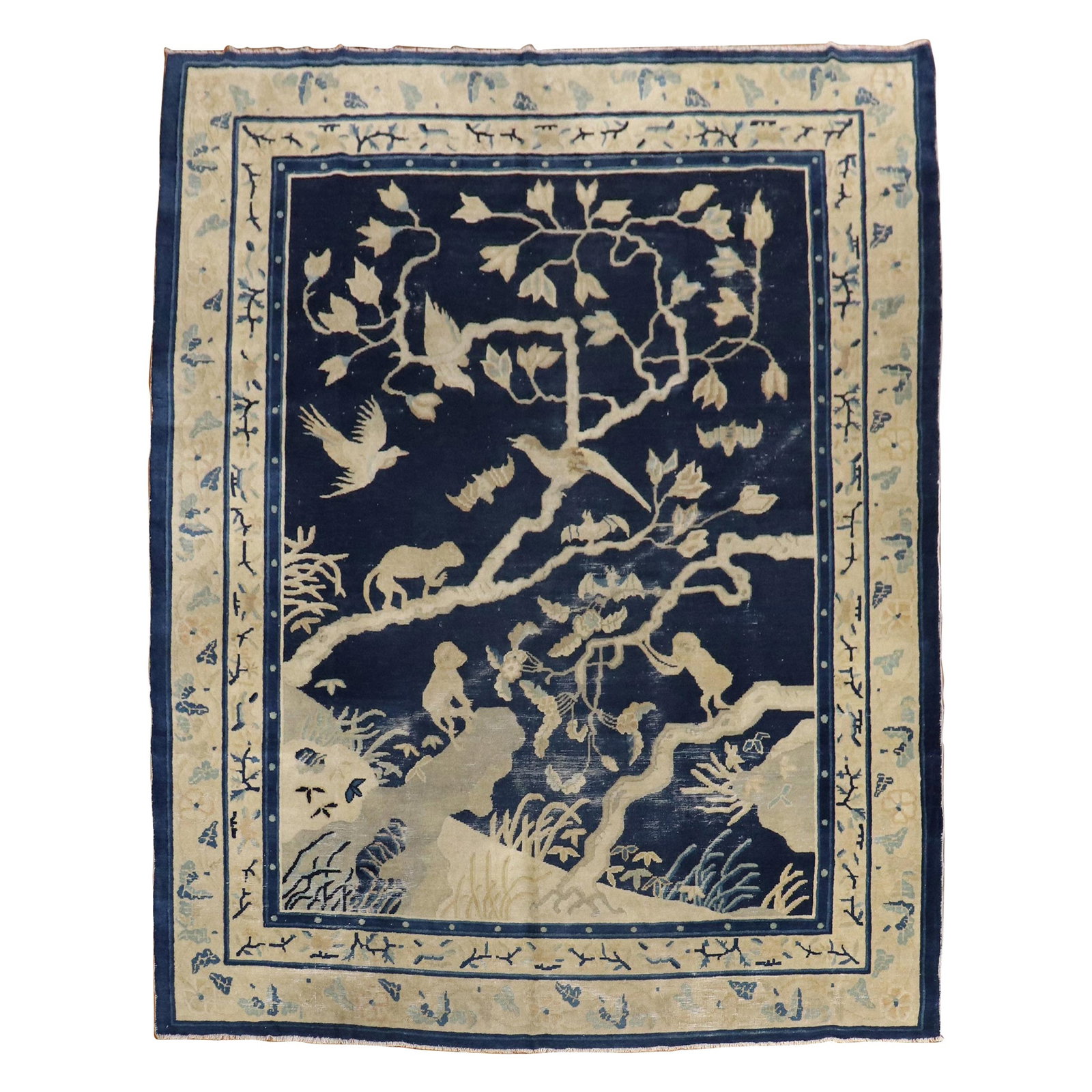 19th Century Chinese Hand-Woven Monkey Pictorial Rug Wool Navy Beige: 19th Century Chinese Hand-Woven Monkey Pictorial Rug Wool Navy Beige Discover a stunning late 19th century Chinese rug from the Zabihi Collection, showcasing a captivating pictorial design featuring t