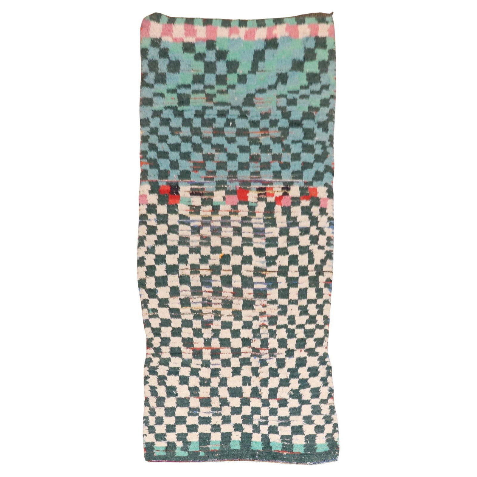 Vintage Moroccan Checkerboard Runner Wool Hand-Woven 38 x 90 in: Vintage Moroccan Checkerboard Runner Wool Hand-Woven 38 x 90 in Introducing the Zabihi Collection Vintage Moroccan Checkerboard Runner, a stunning piece that embodies Mid-Century Modern design. This h