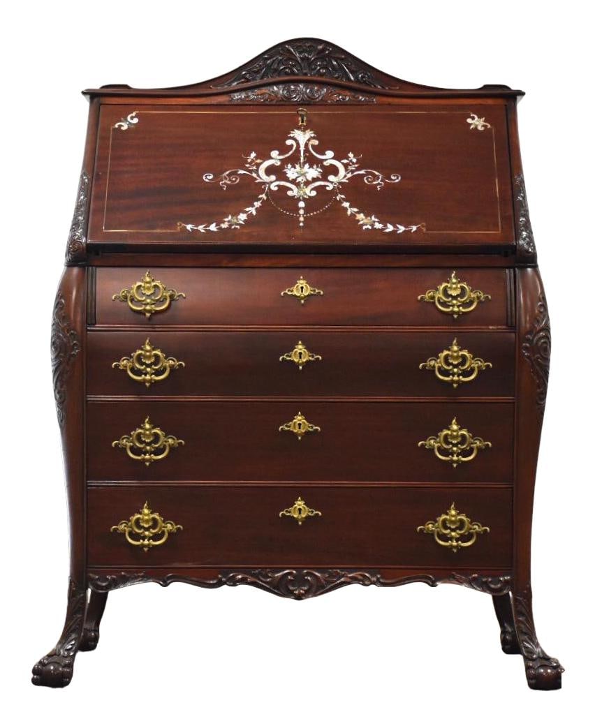 R.J. Horner Mahogany Secretary Desk Early 1900s with Inlay: R.J. Horner Mahogany Secretary Desk Early 1900s with Inlay This exquisite early 1900s mahogany secretary desk features intricate mother of pearl and brass inlay, crafted by R.J. Horner & Company. Desi