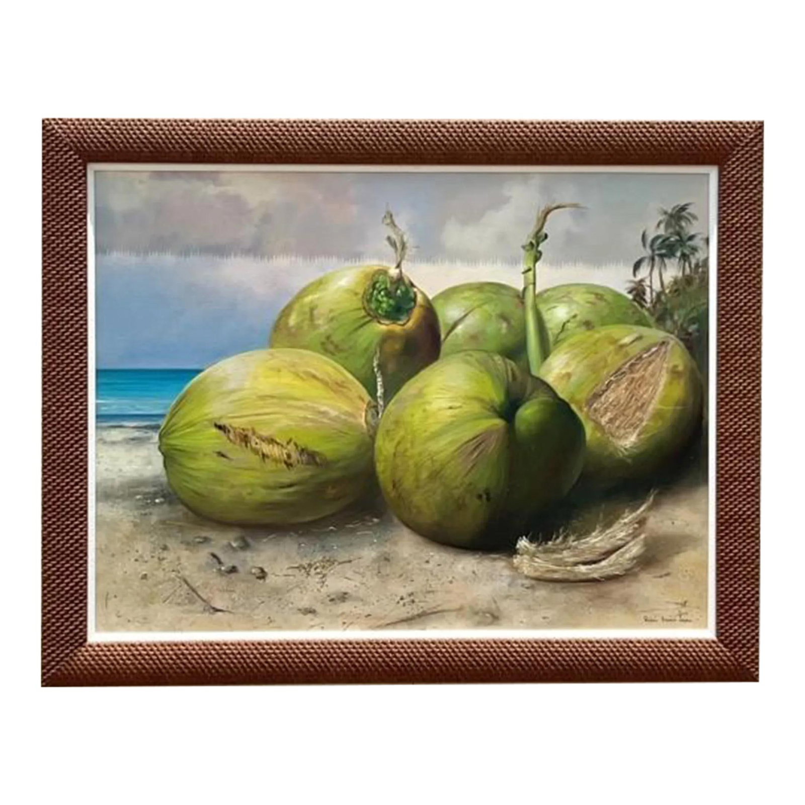 Vintage Boho Original Oil Painting of Coconuts 48x36 USA Crafted: Vintage Boho Original Oil Painting of Coconuts 48x36 USA Crafted Transform your living space with this stunning Vintage Boho Monumental Original Oil Painting of Coconuts. This impressive artwork, craf