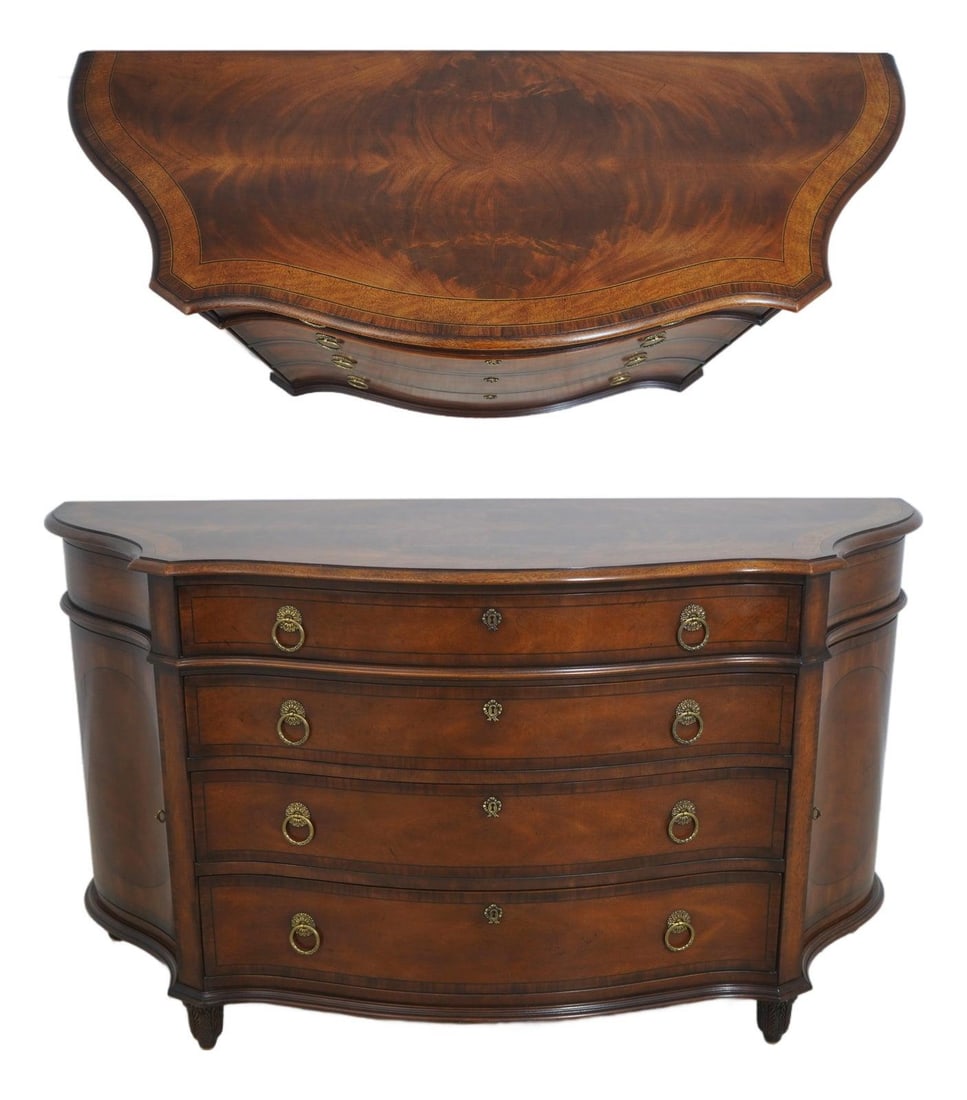 Mahogany Server High Chest With Four Drawers by Henredon: Mahogany Server High Chest With Four Drawers by Henredon This Henredon high chest features a brown mahogany finish and solid brass hardware. Designed with four drawers and two doors, it offers ample s