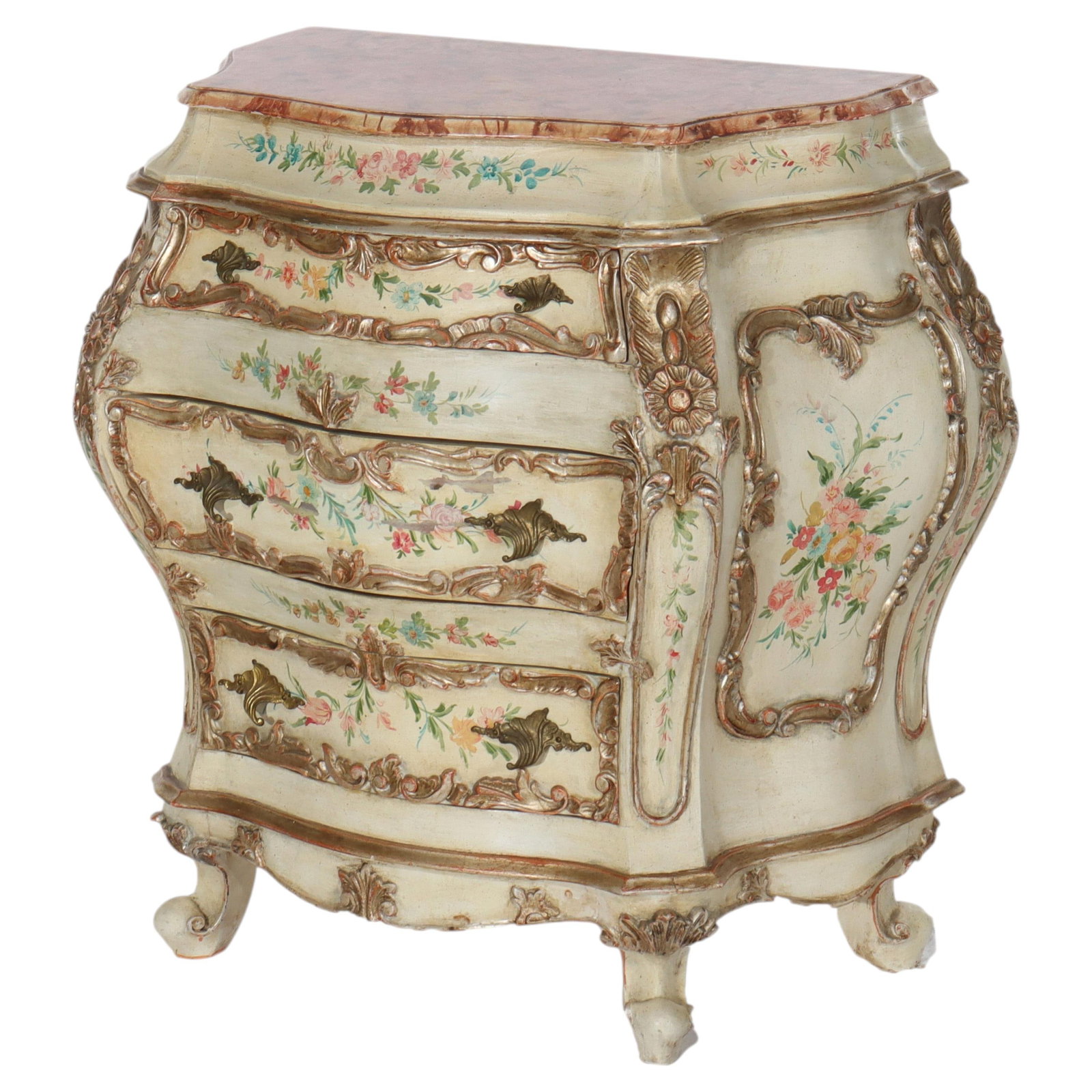 Hand Painted French Louis XIV Bombe Commode with Marble Top: Hand Painted French Louis XIV Bombe Commode with Marble Top This 20th-century commode is crafted in the French Louis XIV style, featuring a distinctive bombe silhouette. The wooden frame is finished i