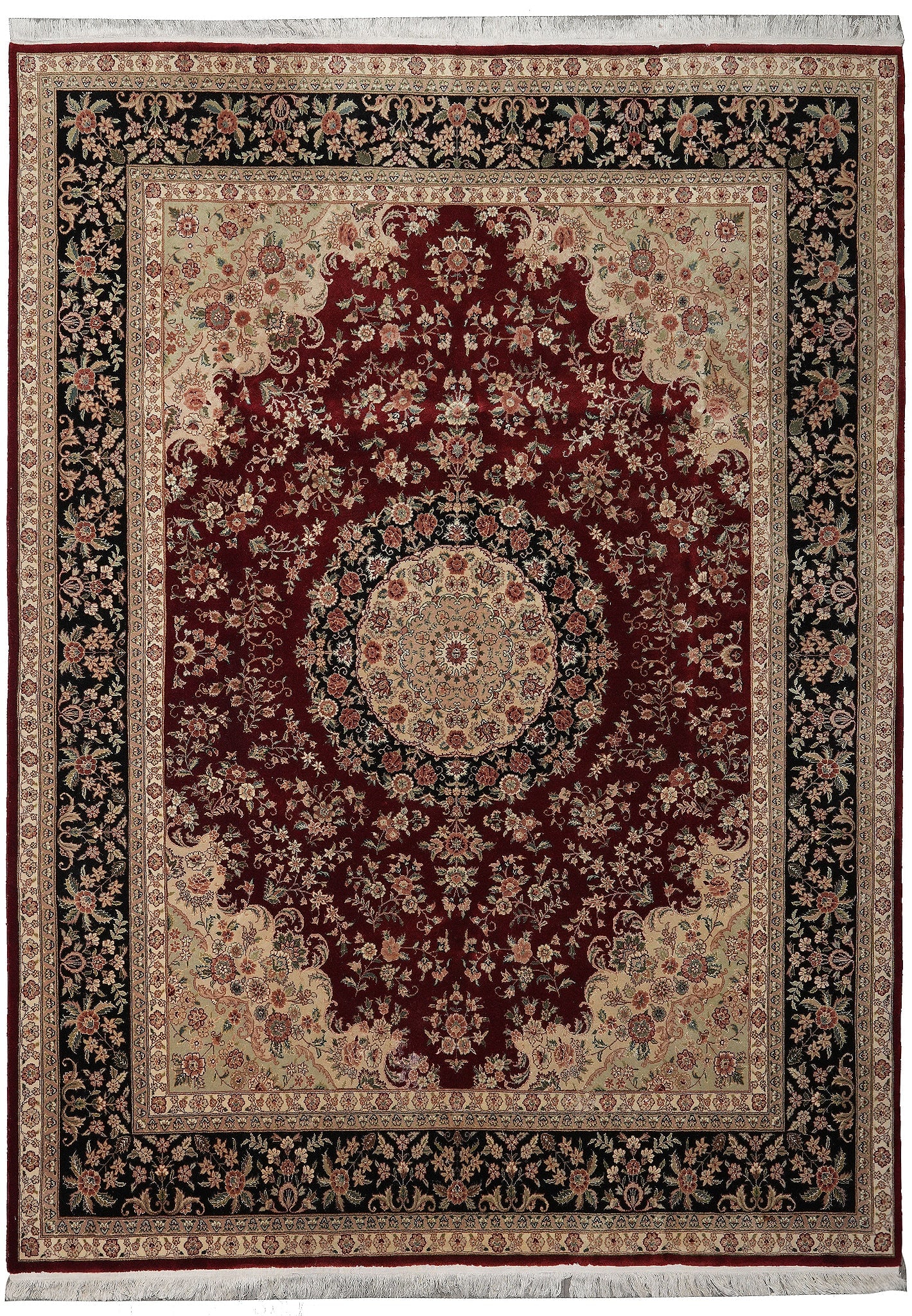 7.7 x 10 Wool Silk Hand Knotted Sino Tabriz Rug: 7.7 x 10 Wool Silk Hand Knotted Sino Tabriz Rug Free continental US Shipping This hand-knotted SinoTabriz rug features a blend of high-quality wool and silk, offering a luxurious texture and elegant a
