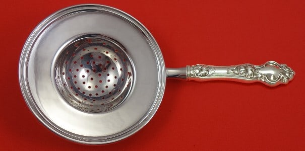 Wallace Violet Sterling Silver Tea Strainer Custom Made Over Cup: Wallace Violet Sterling Silver Tea Strainer Custom Made Over Cup This exquisite tea strainer is a custom-made piece from the renowned Wallace brand, featuring the elegant Violet pattern. Crafted from 