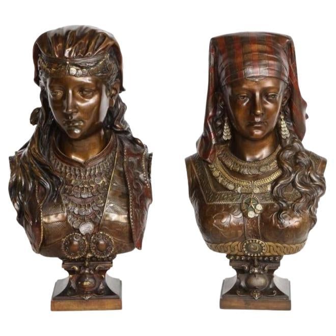Set of 2 Patinated Bronze Female Busts Ottoman Style France c1880: Set of 2 Patinated Bronze Female Busts Ottoman Style France c1880 This set includes two late 19th-century patinated and cold-painted bronze busts in the Orientalist style, each depicting an Ottoman or