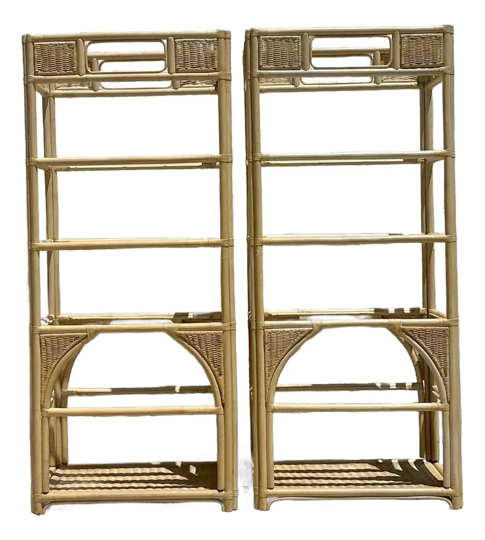 Vintage Coastal Rattan Etagere Pair with Boho Chic Design: Vintage Coastal Rattan Etagere Pair with Boho Chic Design Enhance your space with this stunning pair of vintage woven rattan etageres, combining coastal charm with boho chic style. These tall shelving