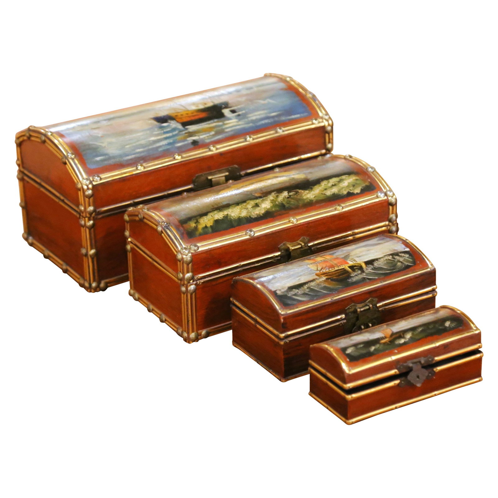 4 Hand-Painted Wood Treasure Boxes with Nautical Scenes: 4 Hand-Painted Wood Treasure Boxes with Nautical Scenes Set of four vintage hand-painted wooden treasure boxes with maritime scenes. Each box features a domed lid with a colorful hand-painted nautical