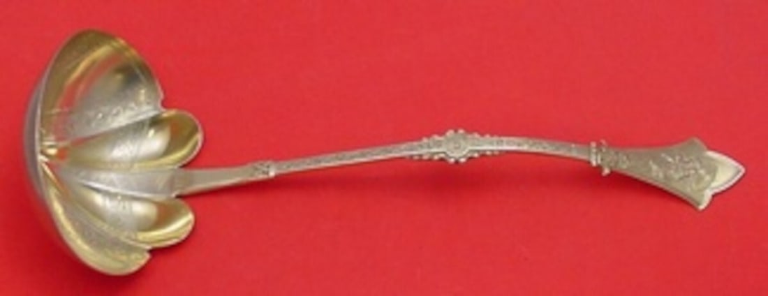 Gorham Japanese Sterling Silver Soup Ladle Gold Washed Dragonfly 12 3/4: Gorham Japanese Sterling Silver Soup Ladle Gold Washed Dragonfly 12 3/4 Sterling silver soup ladle in the Japanese pattern by Gorham, featuring a gold-washed bright-cut design with dragonfly motif. It