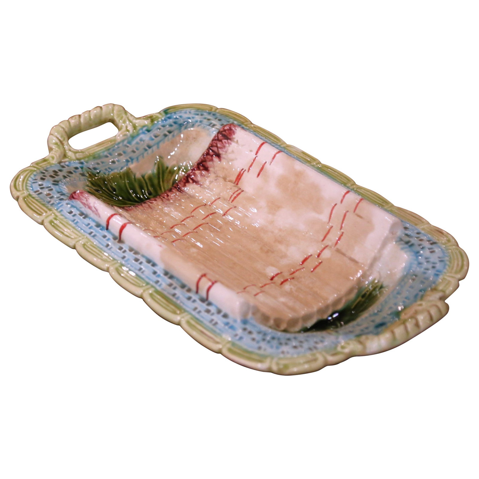 French Majolica Barbotine Asparagus Platter With Handles Circa 1920: French Majolica Barbotine Asparagus Platter With Handles Circa 1920 This early 20th century French barbotine asparagus serving platter was crafted around 1920. Made from ceramic majolica, the hand-cra