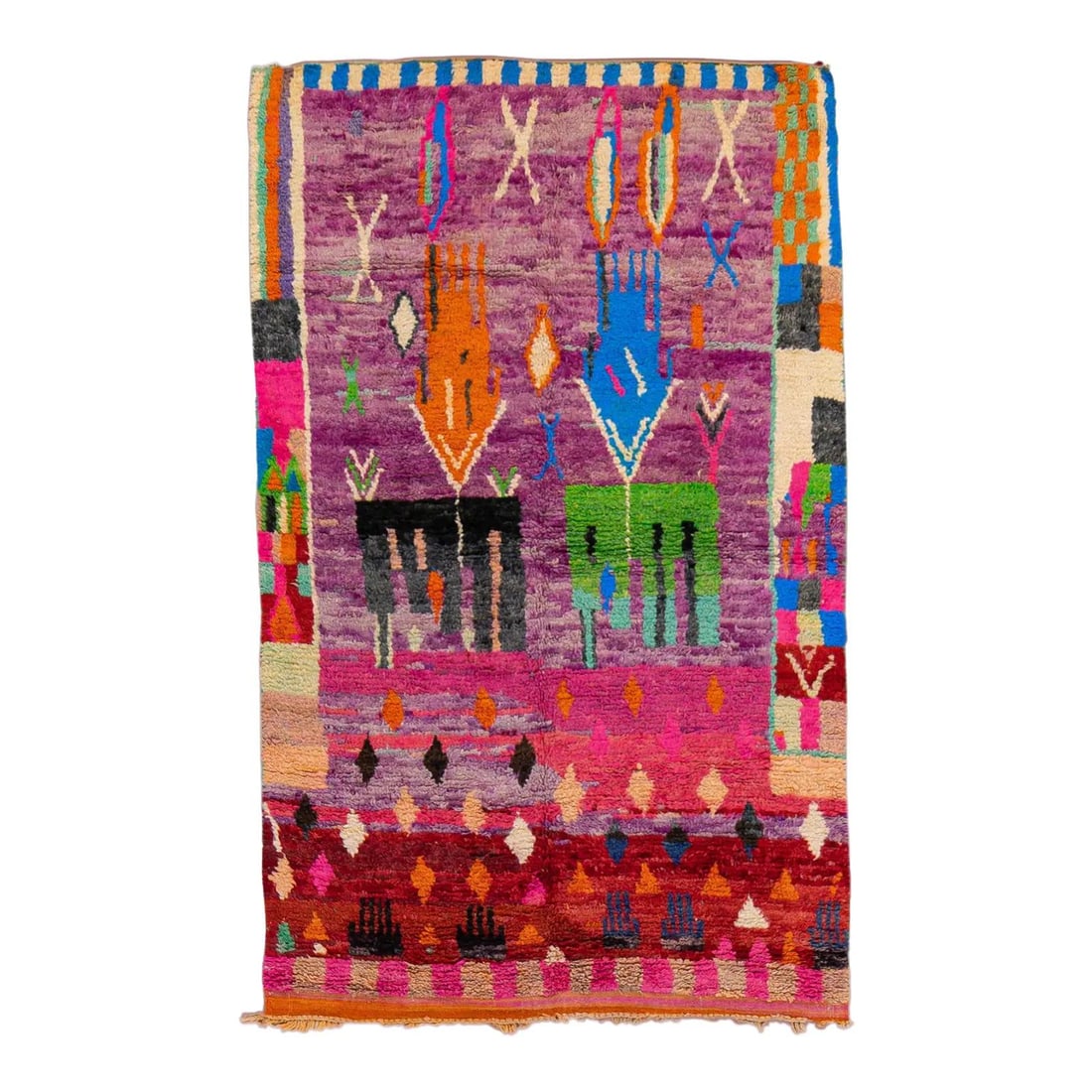 Vintage Boujad Moroccan 5'6 x 9'3 Wool Rug in Purple: Vintage Boujad Moroccan 5'6 x 9'3 Wool Rug in Purple Enhance your space with this stunning vintage Boujad Moroccan handmade wool rug. Featuring a rich purple backdrop adorned with a vibrant multi-colo