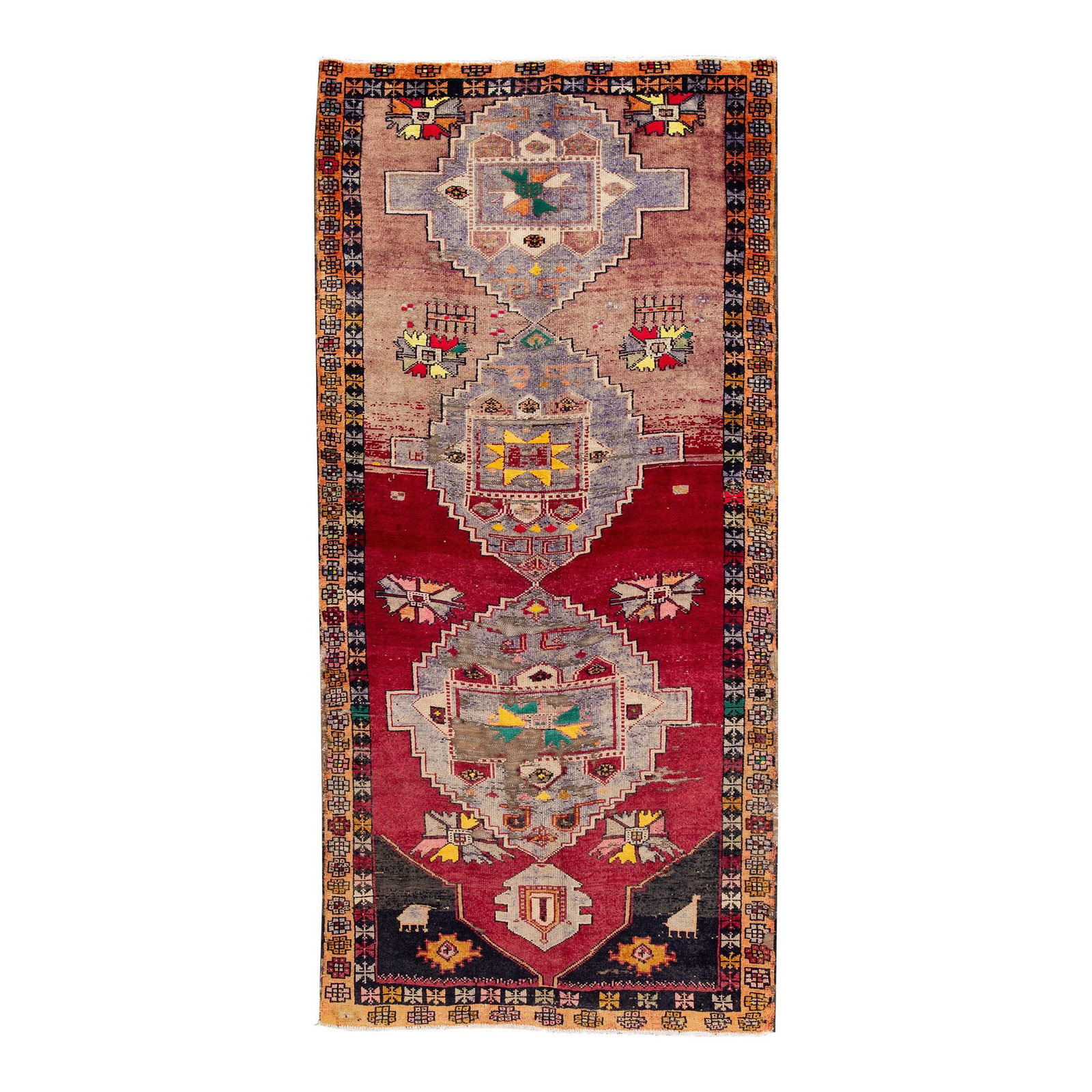 1960s Vintage Azeri Handmade Multicolor Wool Runner 5'3 x 11'5: 1960s Vintage Azeri Handmade Multicolor Wool Runner 5'3 x 11'5 Discover the charm of this hand-knotted vintage Azeri runner, featuring a captivating artistic design set against a rich red field, compl