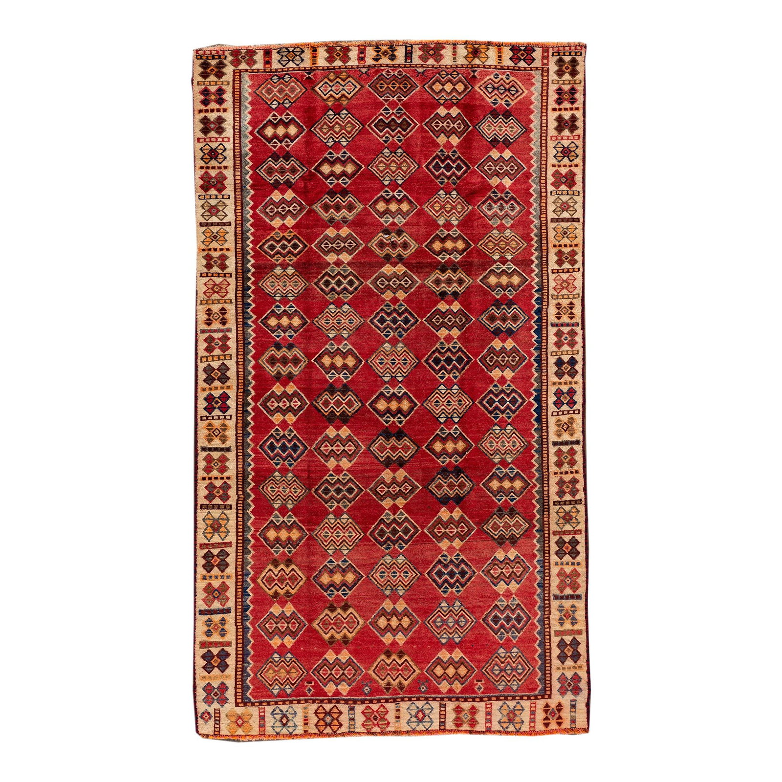 Vintage Persian Shiraz Red Wool Rug 4'4" x 7'8" Geometric Design: Vintage Persian Shiraz Red Wool Rug 4'4" x 7'8" Geometric Design Enhance your living space with this stunning 1960s vintage Persian Shiraz hand-knotted wool rug. Featuring a vibrant red field, this pi