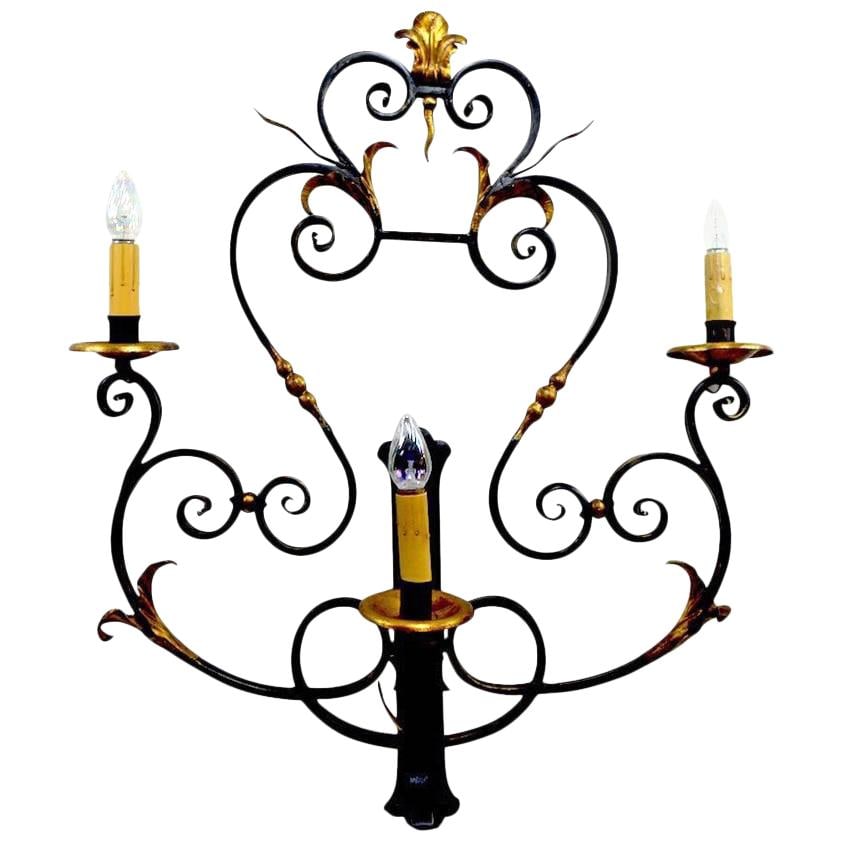 Palladio Large Italian Spanish Style Wrought Iron Sconce 3-Light: Palladio Large Italian Spanish Style Wrought Iron Sconce 3-Light This stunning large three-light sconce by Palladio features exquisite wrought iron craftsmanship with faux gilt highlights, embodying a
