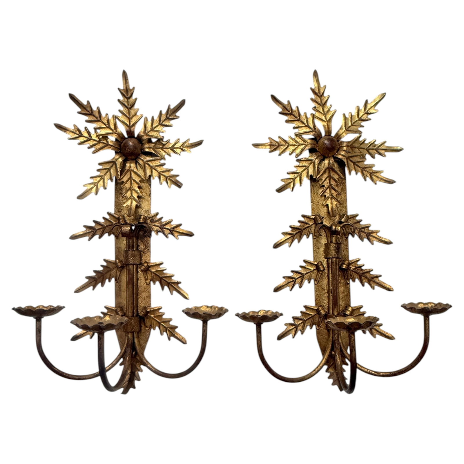 Set of Two Italian Mid-Century Gilt Leaf Three Arm Wall Candle Sconces (1 of 9)