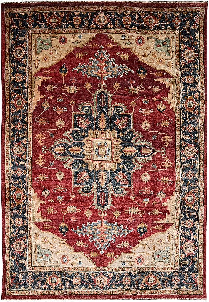 Serapi Chobi Peshawar 10 x 14 Hand-Knotted Ghazni Wool Area Rug Ruby Red (1 of 12)