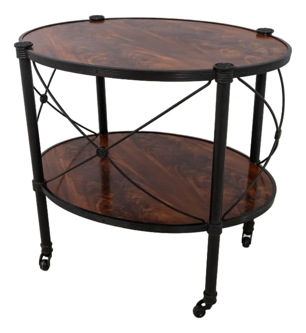 Theodore Alexander Regency 2 Tier Mahogany Table with Bronze Finish: Theodore Alexander Regency 2 Tier Mahogany Table with Bronze Finish This exquisite two-tier table showcases a Regency style with stunning figural mahogany surfaces and durable bronze finish legs. Craf