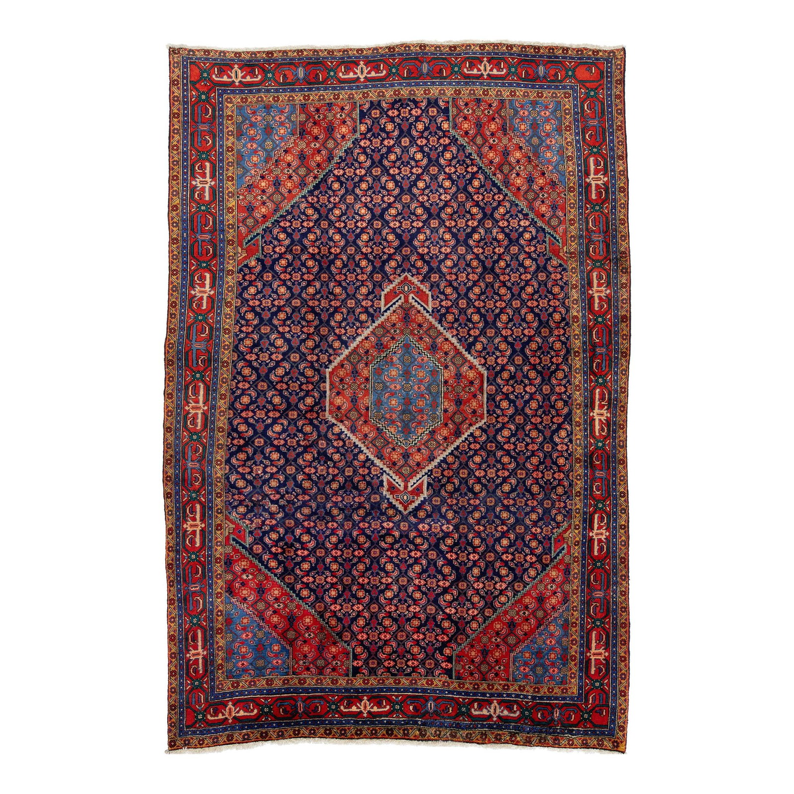 Vintage Tabriz Hand-Knotted Wool Rug 6'5" x 9'9" Navy Blue Red Floral Design: Vintage Tabriz Hand-Knotted Wool Rug 6'5" x 9'9" Navy Blue Red Floral Design This exquisite vintage Tabriz hand-knotted wool rug showcases a stunning navy blue and red field adorned with vibrant green