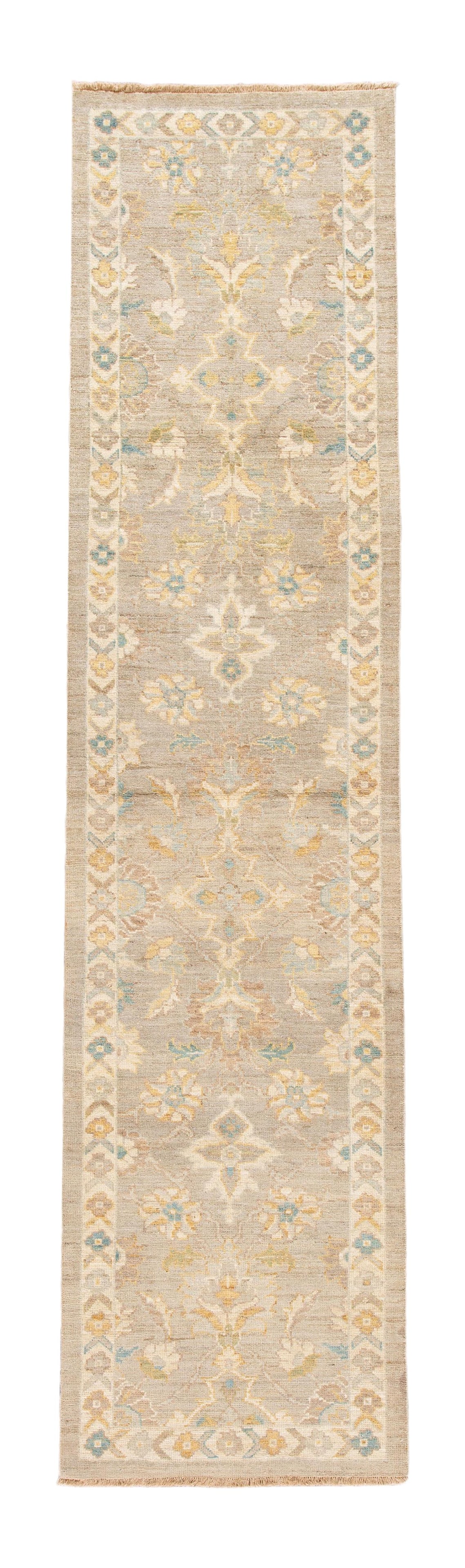 Contemporary Wool Sultanabad Runner Rug 2'11 x 12'1 Tan with Blue Yellow Accents: Contemporary Wool Sultanabad Runner Rug 2'11 x 12'1 Tan with Blue Yellow Accents Enhance your space with this stunning contemporary Sultanabad runner rug, meticulously hand knotted from high-quality w