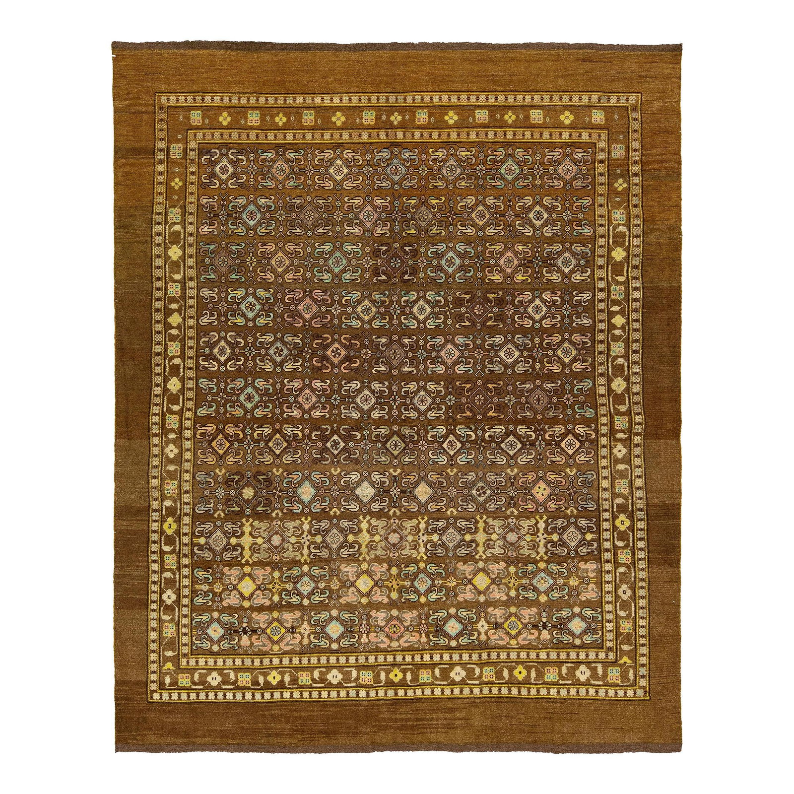 Mid-Century Transitional Handmade Wool Rug Brown Floral 7'10 x 10': Mid-Century Transitional Handmade Wool Rug Brown Floral 7'10 x 10' Elevate your space with this exquisite Mid-Century Transitional Style Handmade Wool Rug. Inspired by 19th-century regional artisans, 