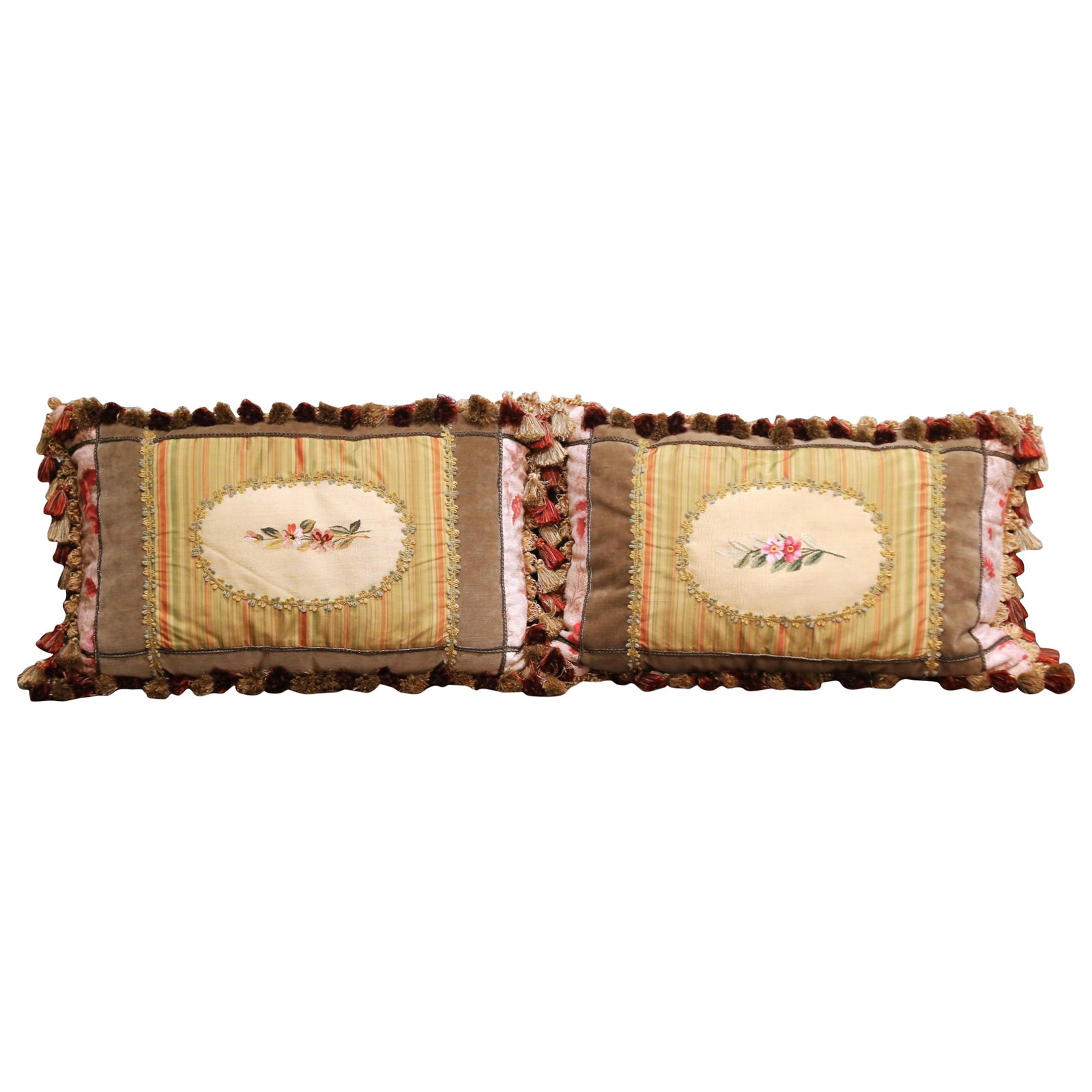 Set of 2 French Aubusson Fragment Lumbar Pillows: Set of 2 French Aubusson Fragment Lumbar Pillows This pair of decorative lumbar pillows features central panels made from 18th-century French Aubusson tapestry fragments, circa 1780, repurposed into e