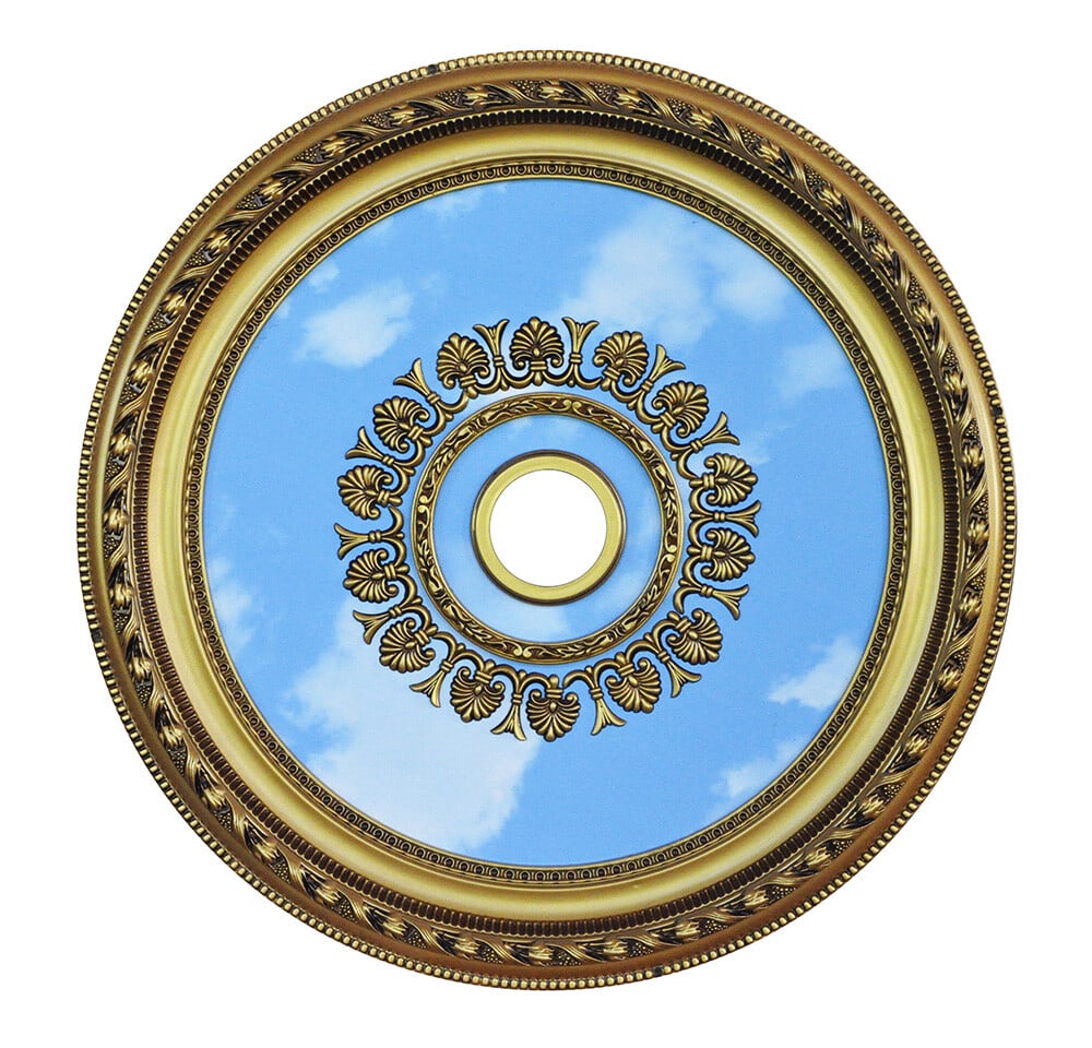 Artistry 32 Inch Round Ceiling Medallion Blue Sky Clouds: Artistry 32 Inch Round Ceiling Medallion Blue Sky Clouds This 32-inch round ceiling medallion features an antique-style painted blue sky and clouds design, adding a sophisticated accent to your living