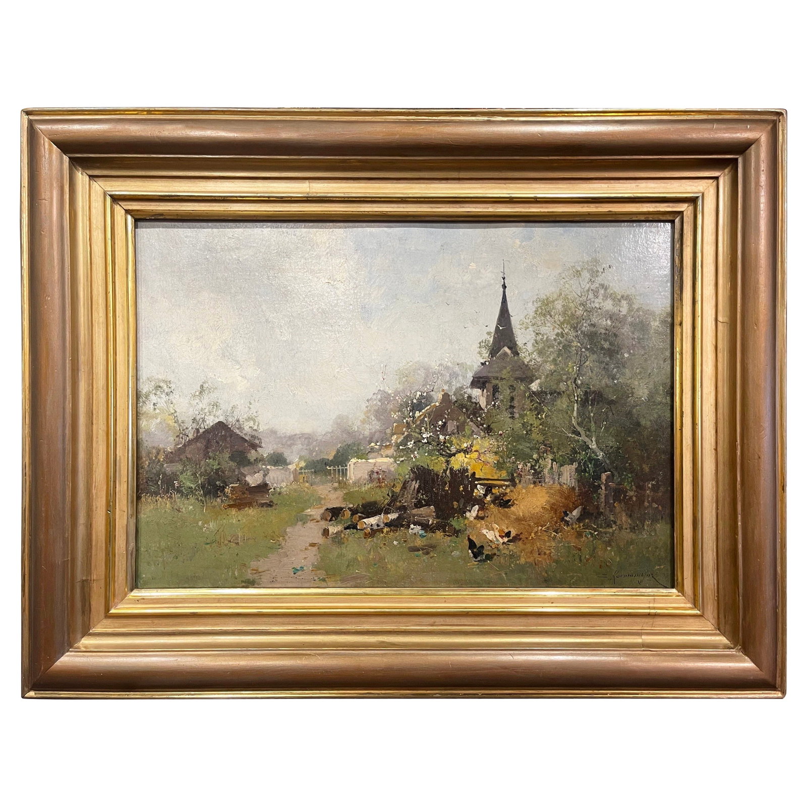 19th Century Giltwood Framed Oil Painting by E. Kermanguy: 19th Century Giltwood Framed Oil Painting by E. Kermanguy This exquisite 19th-century oil painting, signed by E. Kermanguy, showcases a charming farmyard scene at the edge of a village in rural France
