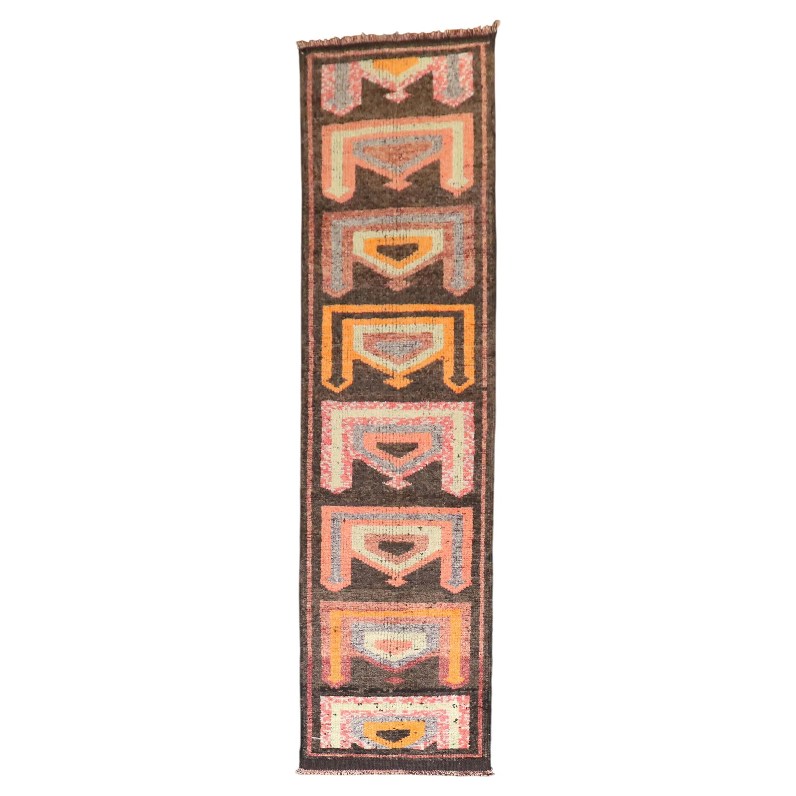 Mid Century Turkish Wool Hand Woven Futurist Runner 2'7 x 11'3: Mid Century Turkish Wool Hand Woven Futurist Runner 2'7 x 11'3 This vintage Turkish Anatolian runner features a unique design in the Futurist style. Hand-woven from wool, it originates from Turkey and