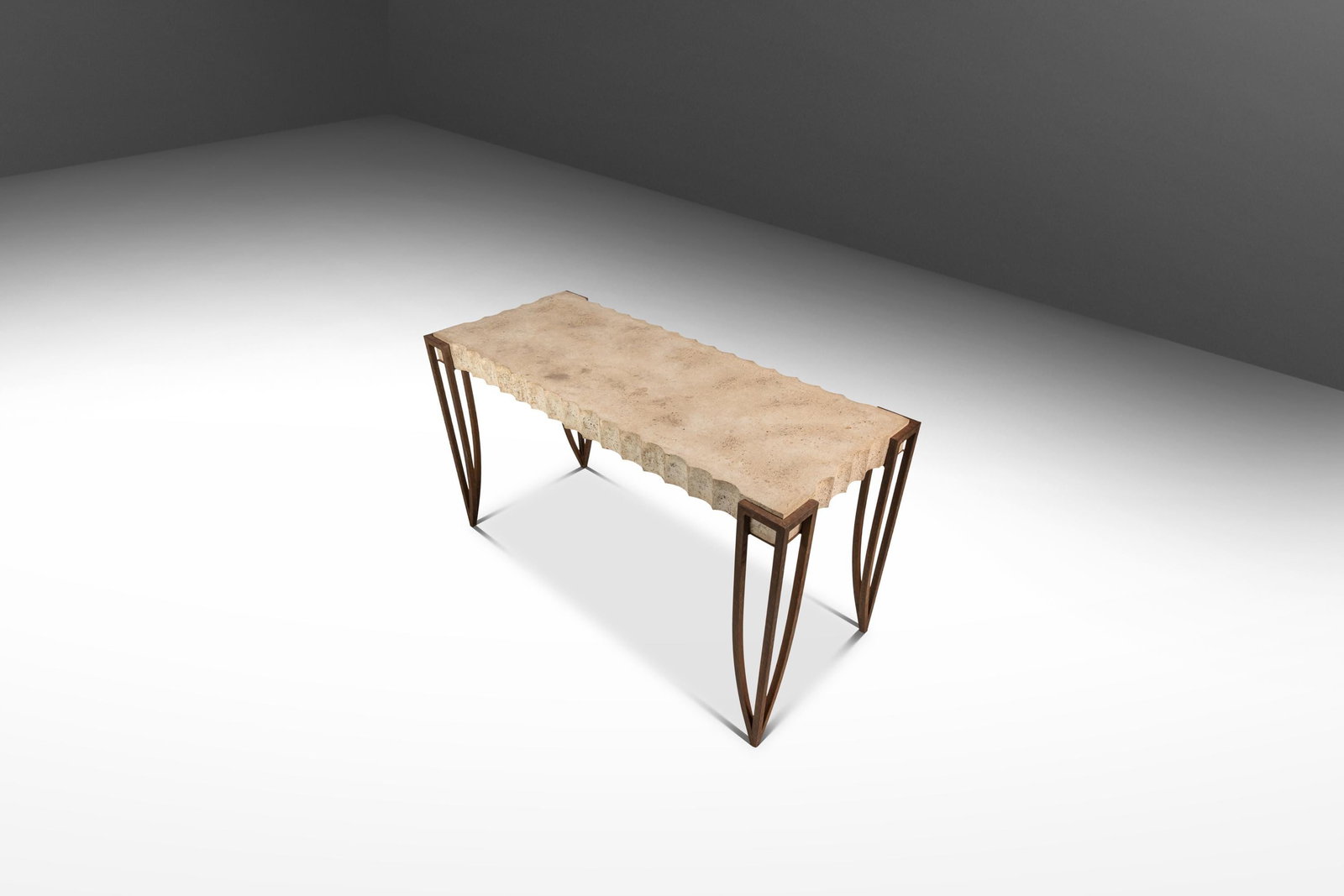 R and Y Augousti Inspired Mid-Century Console Table in Cement and Patinaed Steel: R and Y Augousti Inspired Mid-Century Console Table in Cement and Patinaed Steel This exceptional Mid-Century Post Modern Art Deco Console/Sofa Table embodies a unique blend of design and functionalit