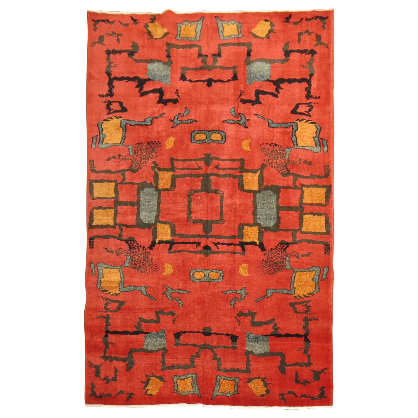 Hand-Woven Wool Mid-Century Turkish Art Deco Style Rug 82 x 119 in: Hand-Woven Wool Mid-Century Turkish Art Deco Style Rug 82 x 119 in Discover a unique piece of history with this Vintage Turkish Art Deco Rug, a stunning embodiment of mid-20th century design. Hand-wov