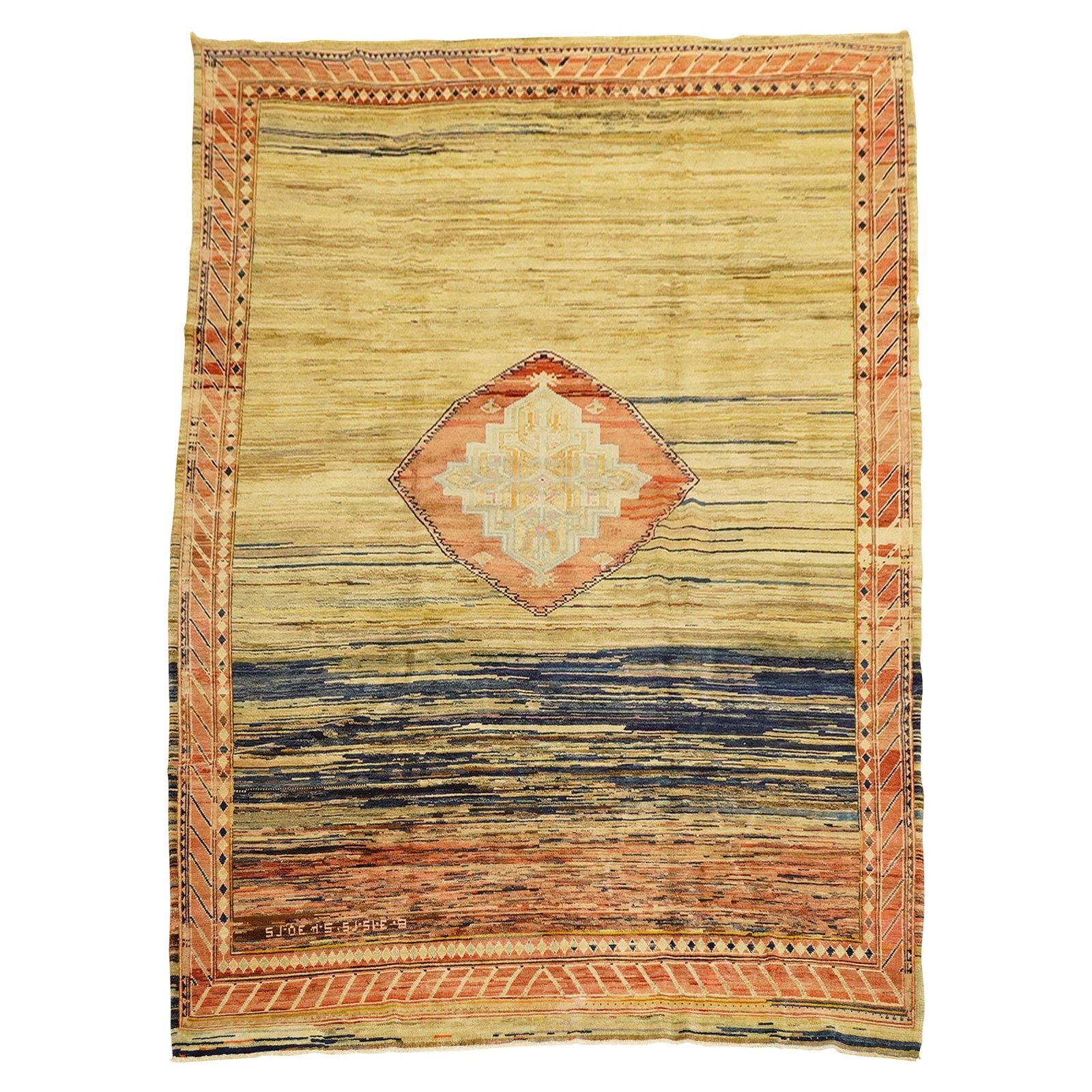 Mid-Century Modern Turkish Wool Rug 8' x 12'1" Striated Open Field Design: Mid-Century Modern Turkish Wool Rug 8' x 12'1" Striated Open Field Design This mid-20th century Turkish rug features a quirky, primitive open field striated design inspired by antique Persian Gabbeh r