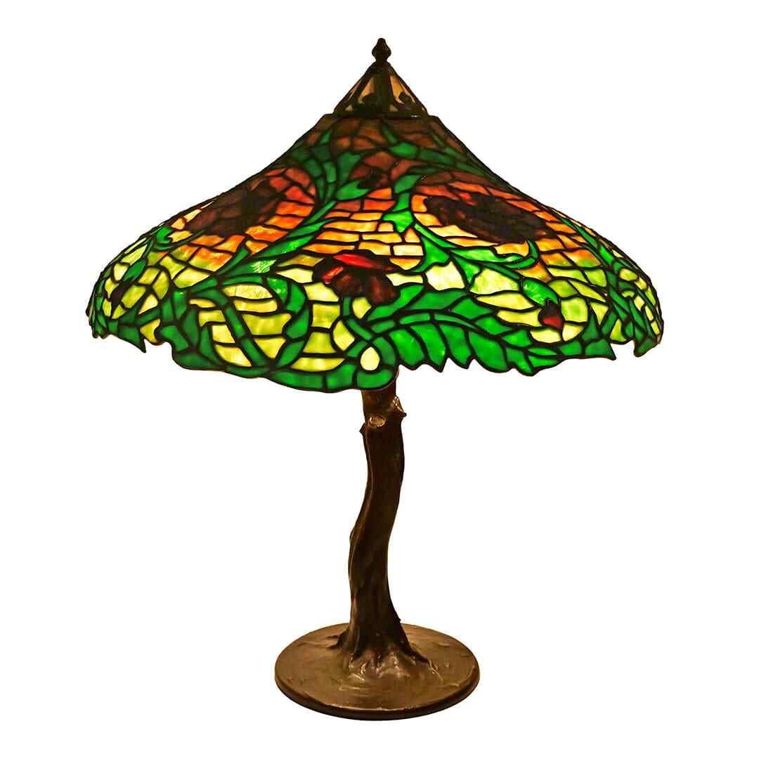 Handel Art Deco leaded glass table lamp with tree trunk base (1 of 14)
