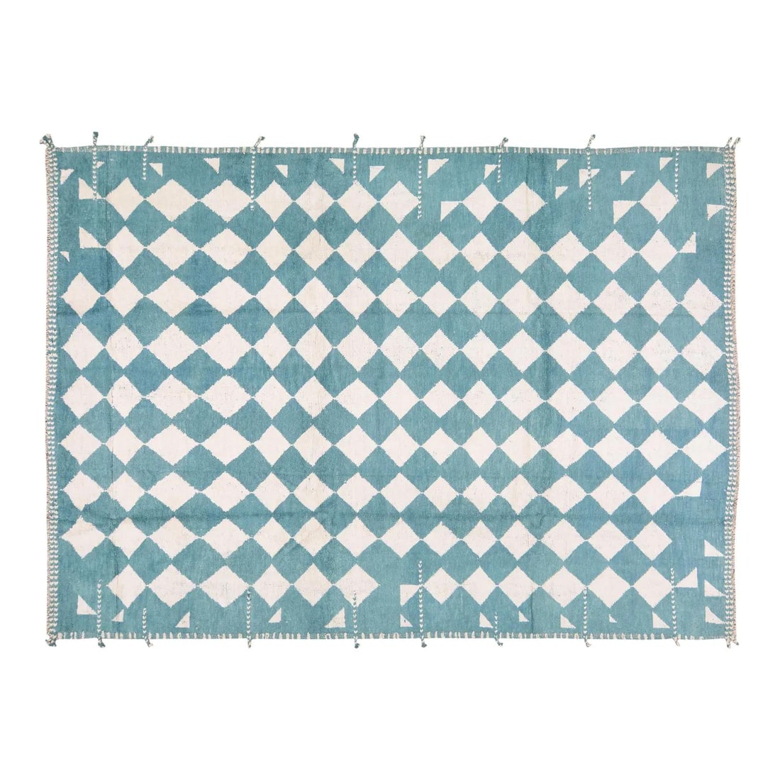 Azilal Wool Rug in Natural Tones Hand Knotted 9'x12'4" Moroccan Design: Azilal Wool Rug in Natural Tones Hand Knotted 9'x12'4" Moroccan Design This 1990s Moroccan Azilal rug is hand-knotted from wool and features natural colors, a soft texture, and a fine weave. Its blue 