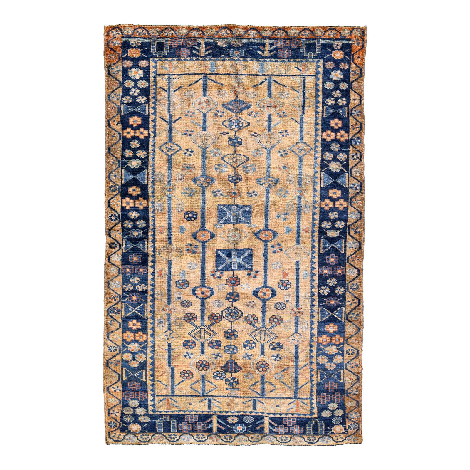 1960s Vintage Handmade Bidjar Wool Rug Floral Design 4'9 x 7'6: 1960s Vintage Handmade Bidjar Wool Rug Floral Design 4'9 x 7'6 Experience the elegance of this vintage Persian Bidjar hand-knotted wool rug, featuring a rich brown field complemented by a striking nav