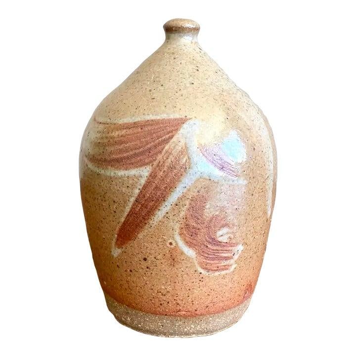 Decorative Vintage Boho Pottery Bud Vase with Abstract Brushwork: Decorative Vintage Boho Pottery Bud Vase with Abstract Brushwork This charming vintage studio pottery vase showcases a sculptural bud vase design, sealed at the top for decorative purposes only. Craft