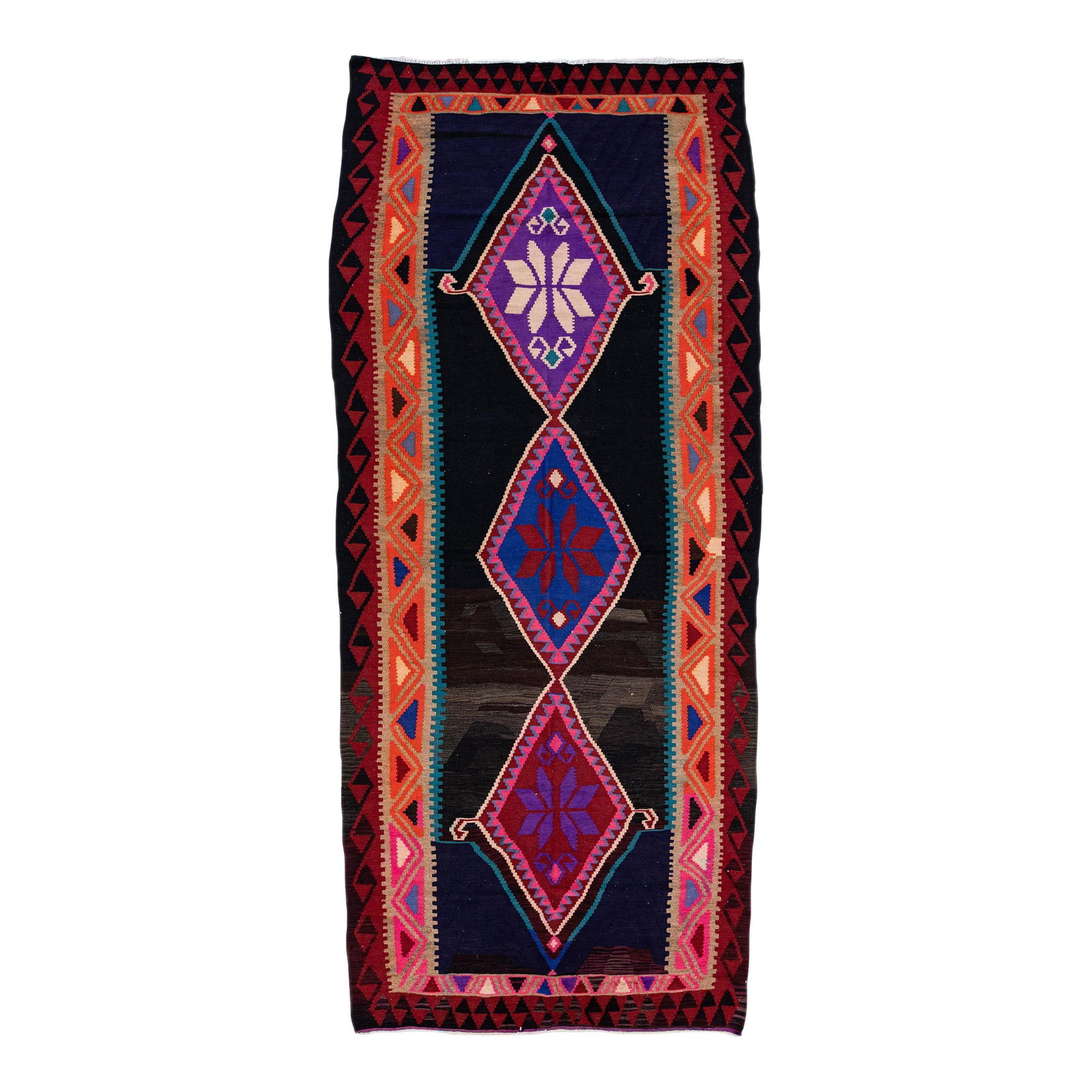 Vintage Turkish Kilim Geometric Wool Rug 5'6 x 12'10: Vintage Turkish Kilim Geometric Wool Rug 5'6 x 12'10 This stunning vintage Turkish Kilim rug showcases exquisite craftsmanship with its hand-knotted wool construction. The vibrant red field is elegant