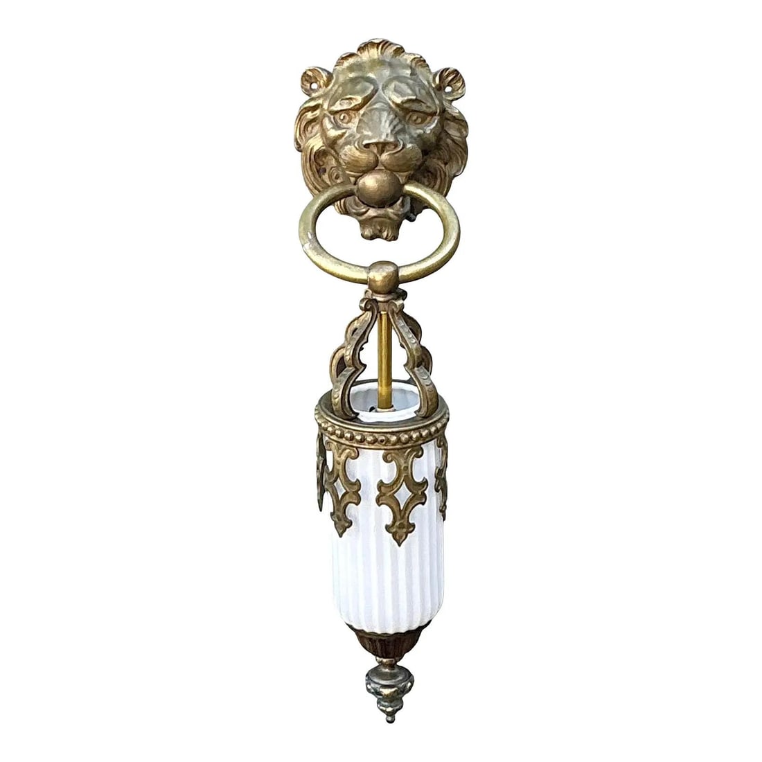 Brass lion head wall sconce with milk glass shade (1 of 10)