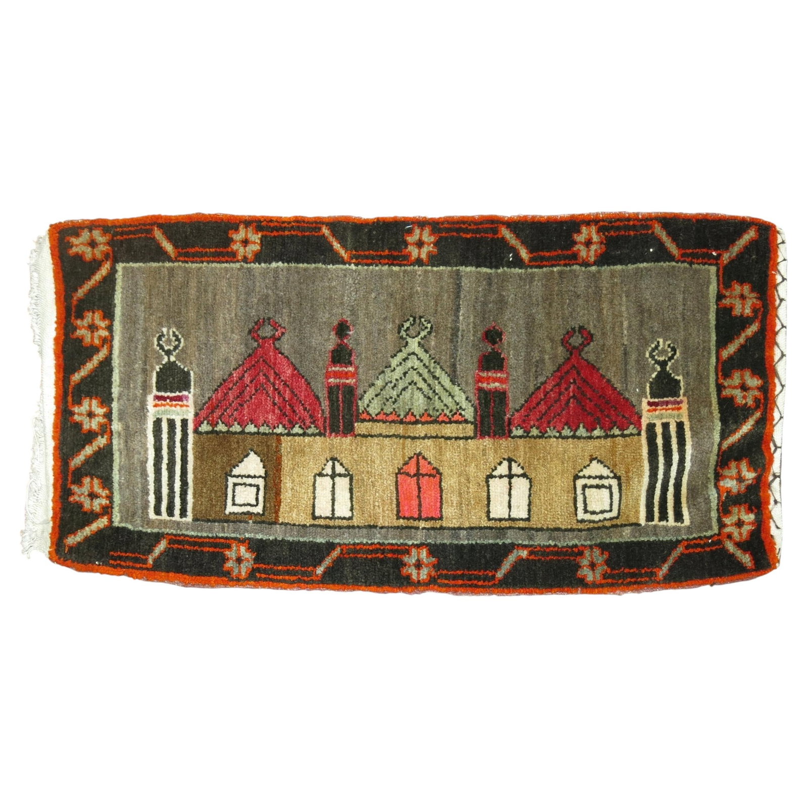 Mid-20th Century Turkish Wool Rug with House Design 20" x 39": Mid-20th Century Turkish Wool Rug with House Design 20" x 39" This vintage Turkish throw rug from the mid-20th century features an archaistic style and depicts a house motif. Crafted from hand-woven w