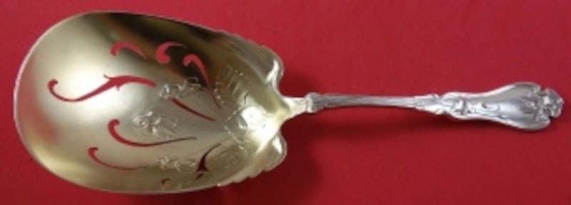 Sterling Saratoga Chip Server Violet Pattern Pierced Gold Wash 8 7/8 Inch: Sterling Saratoga Chip Server Violet Pattern Pierced Gold Wash 8 7/8 Inch This Saratoga chip server is crafted in sterling silver by Whiting in the Violet pattern. It features a pierced bowl adorned w
