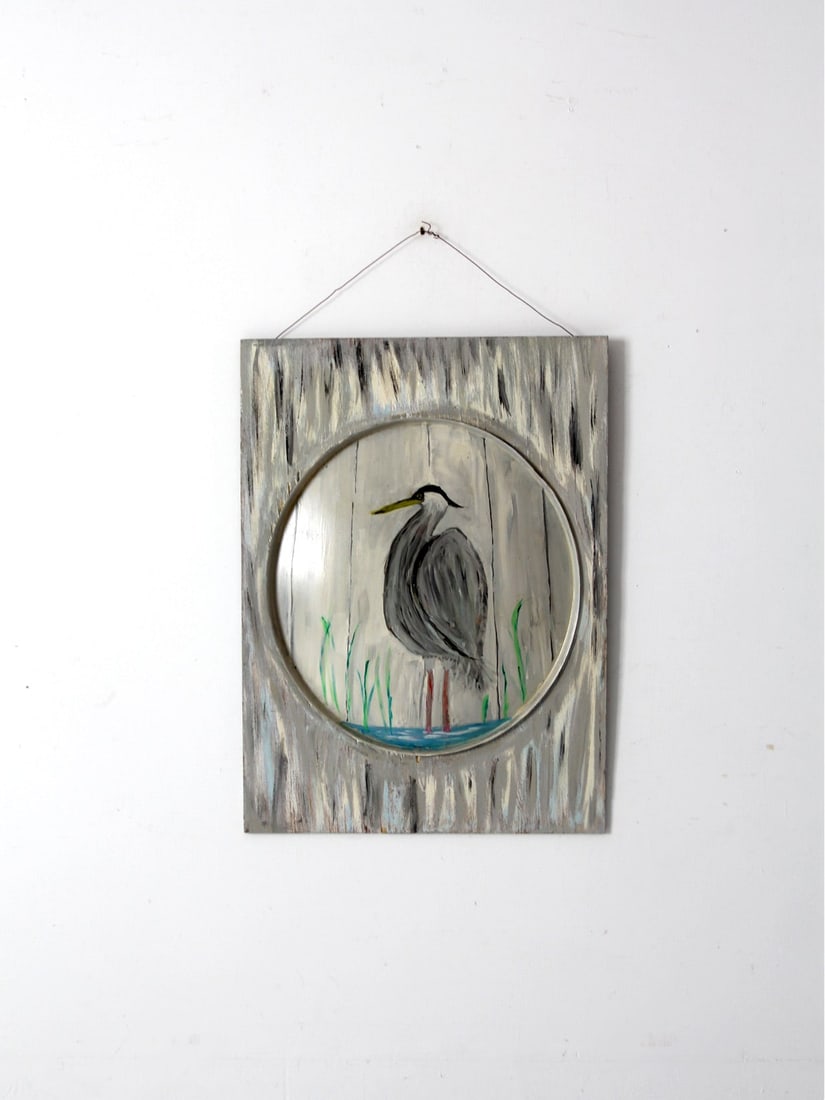 Handcrafted Vintage Blue Heron Coastal Art 30 x 22 Inch: Handcrafted Vintage Blue Heron Coastal Art 30 x 22 Inch This vintage blue heron painting captures the essence of coastal landscapes, making it a captivating addition to any home decor. The artwork fea