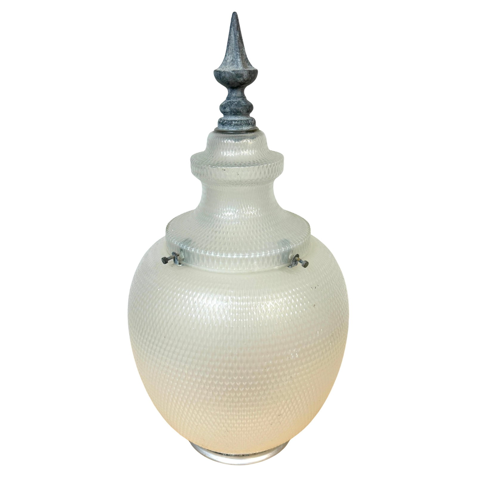 Massive Neoclassical Glass & Zinc Lantern Shade 28in Tall: Massive Neoclassical Glass & Zinc Lantern Shade 28in Tall This massive antique textured opaque glass and zinc lantern or street lamp shade from the early 20th century showcases stunning Neoclassical d